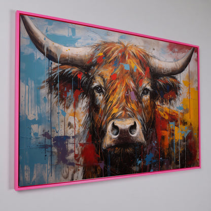 Abstract Colorful Cow Canvas Print in pink floating frame