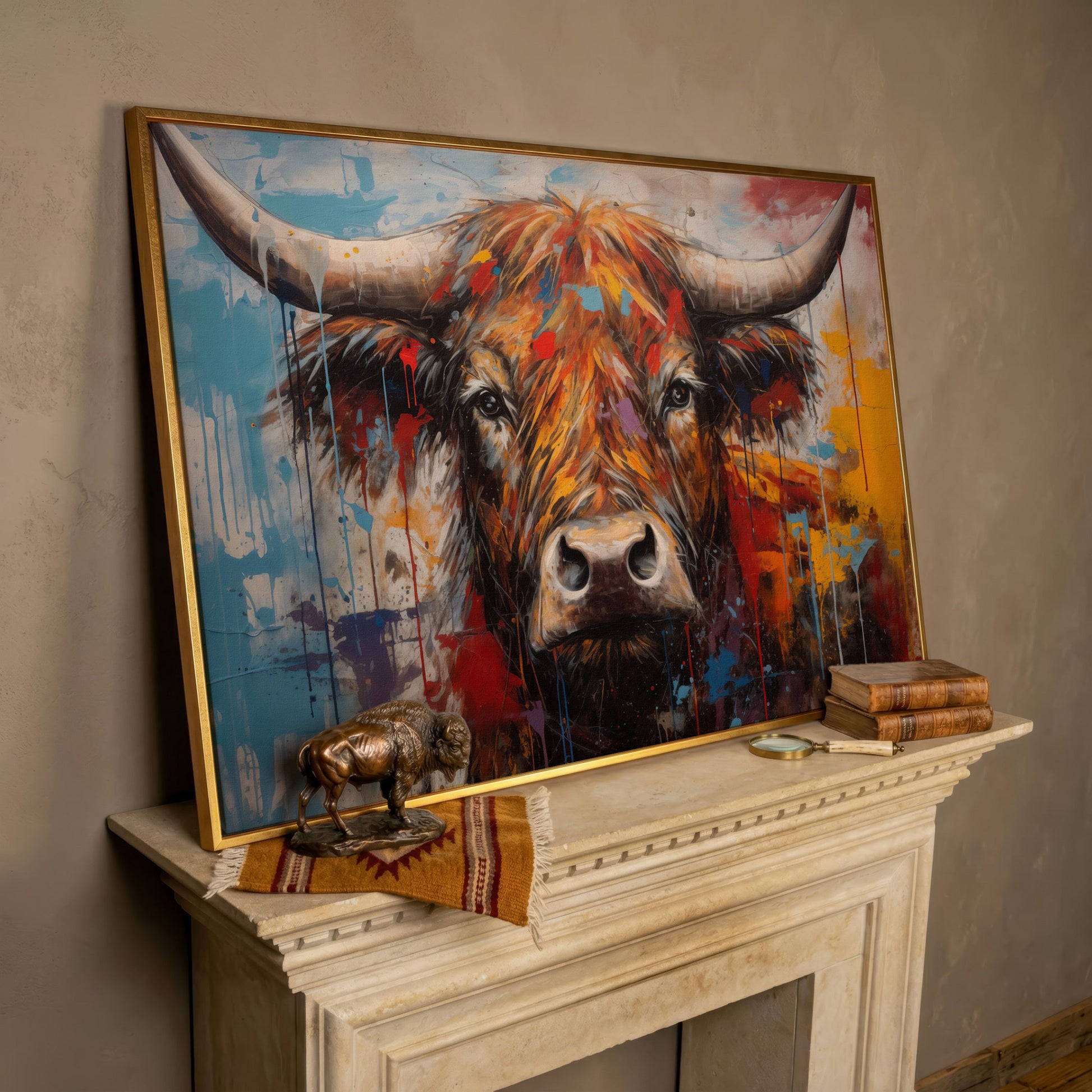 Abstract Colorful Cow Canvas Print in rose gold floating frame