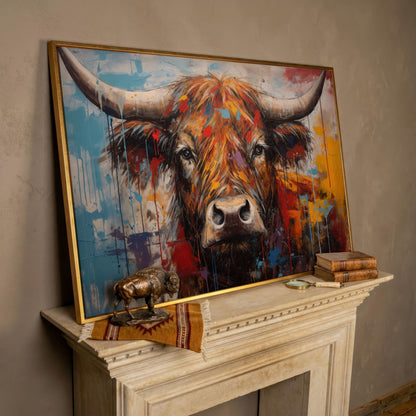 Abstract Colorful Cow Canvas Print in rose gold floating frame