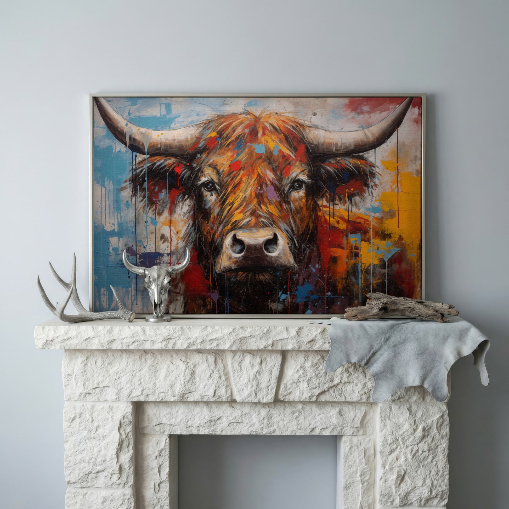 Abstract Colorful Cow Canvas Print in silver floating frame