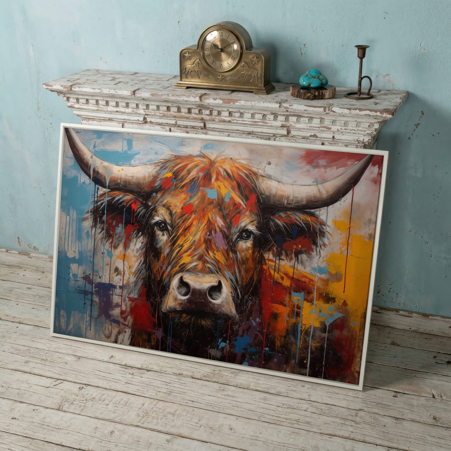 Abstract Colorful Cow Canvas Print in white floating frame