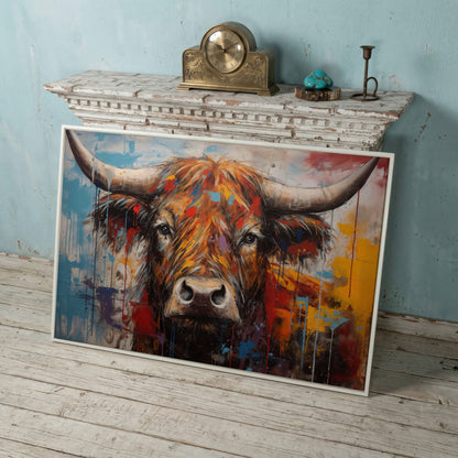 Abstract Colorful Cow Canvas Print in white floating frame