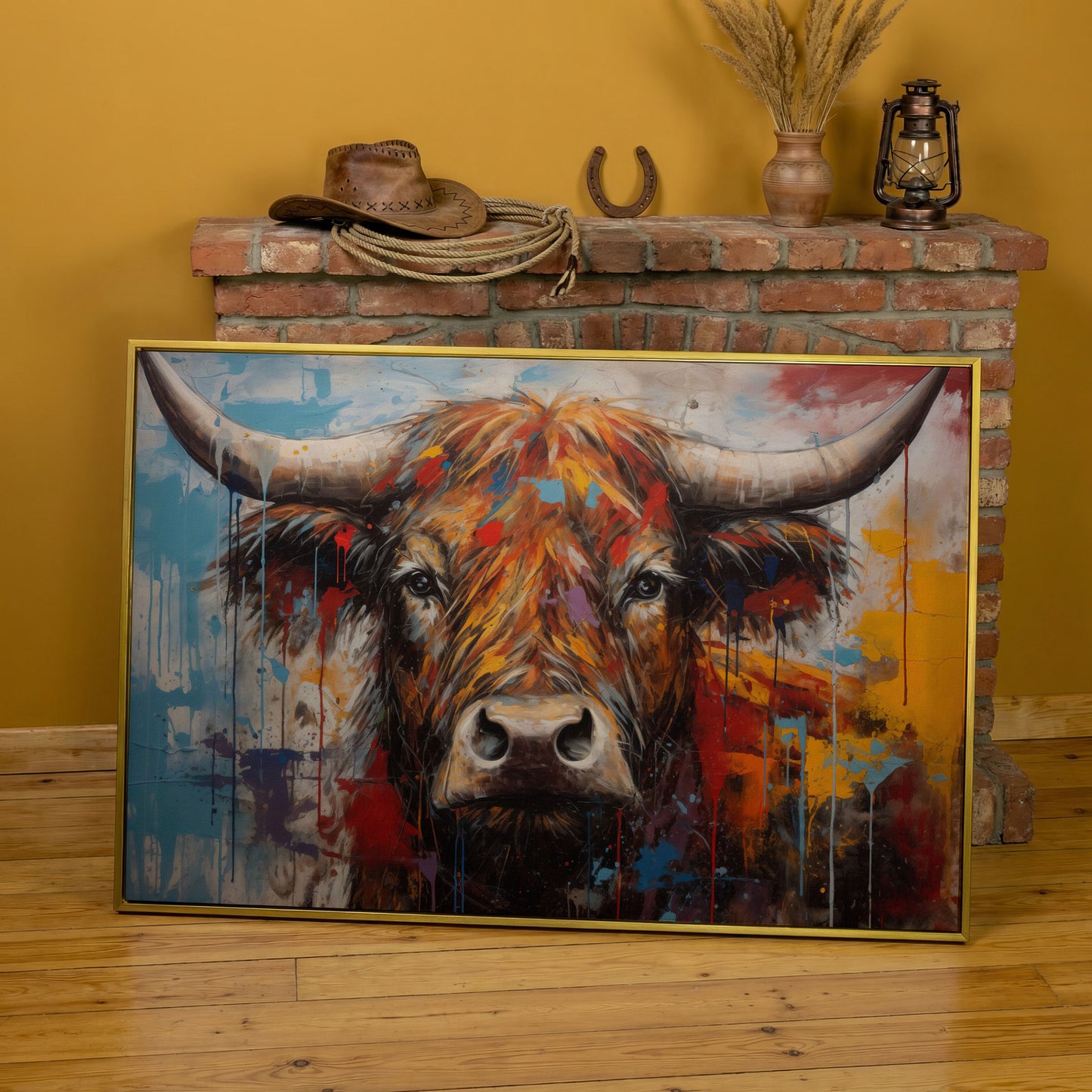 Abstract Colorful Cow Canvas Print in yellow gold floating frame