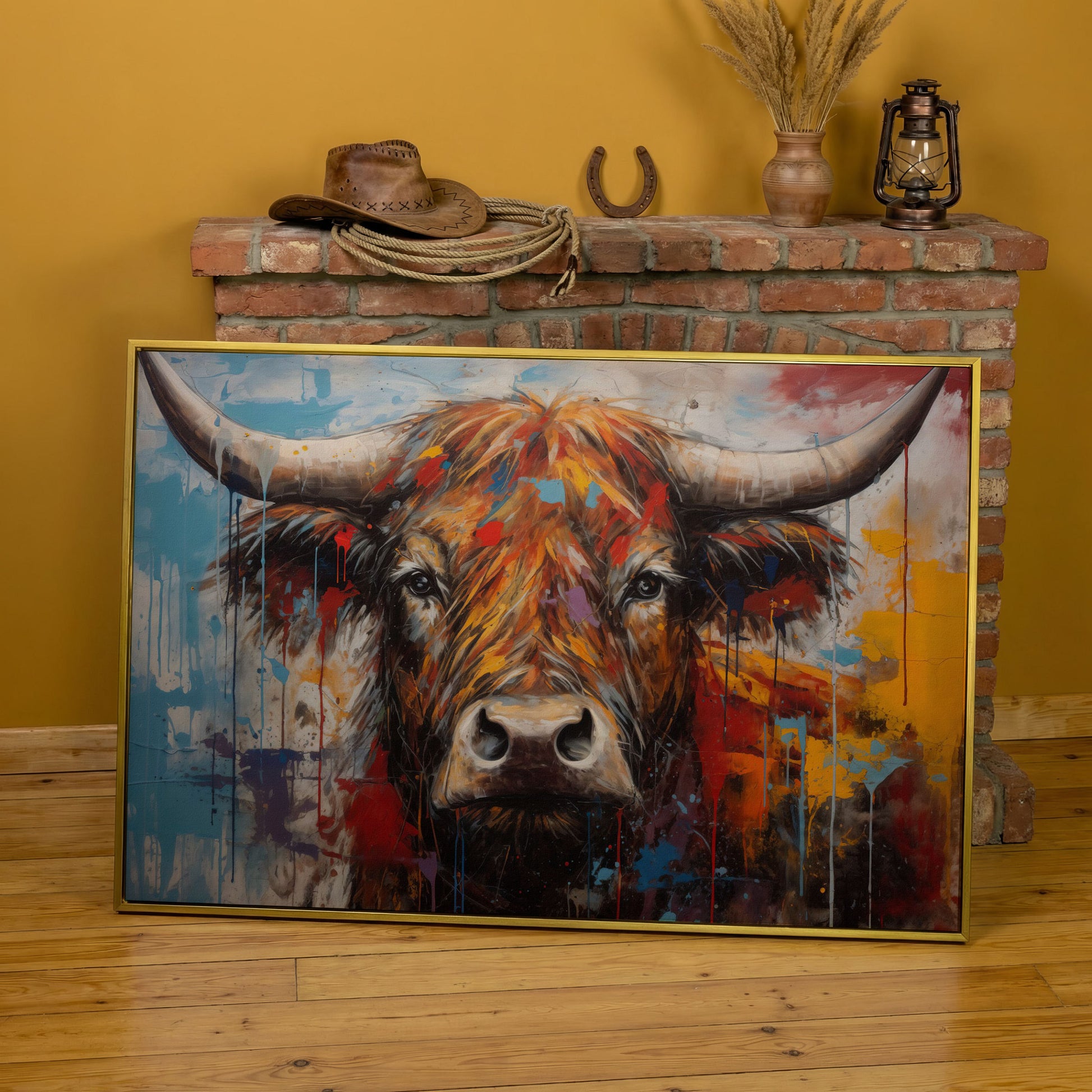 Abstract Colorful Cow Canvas Print in yellow gold floating frame