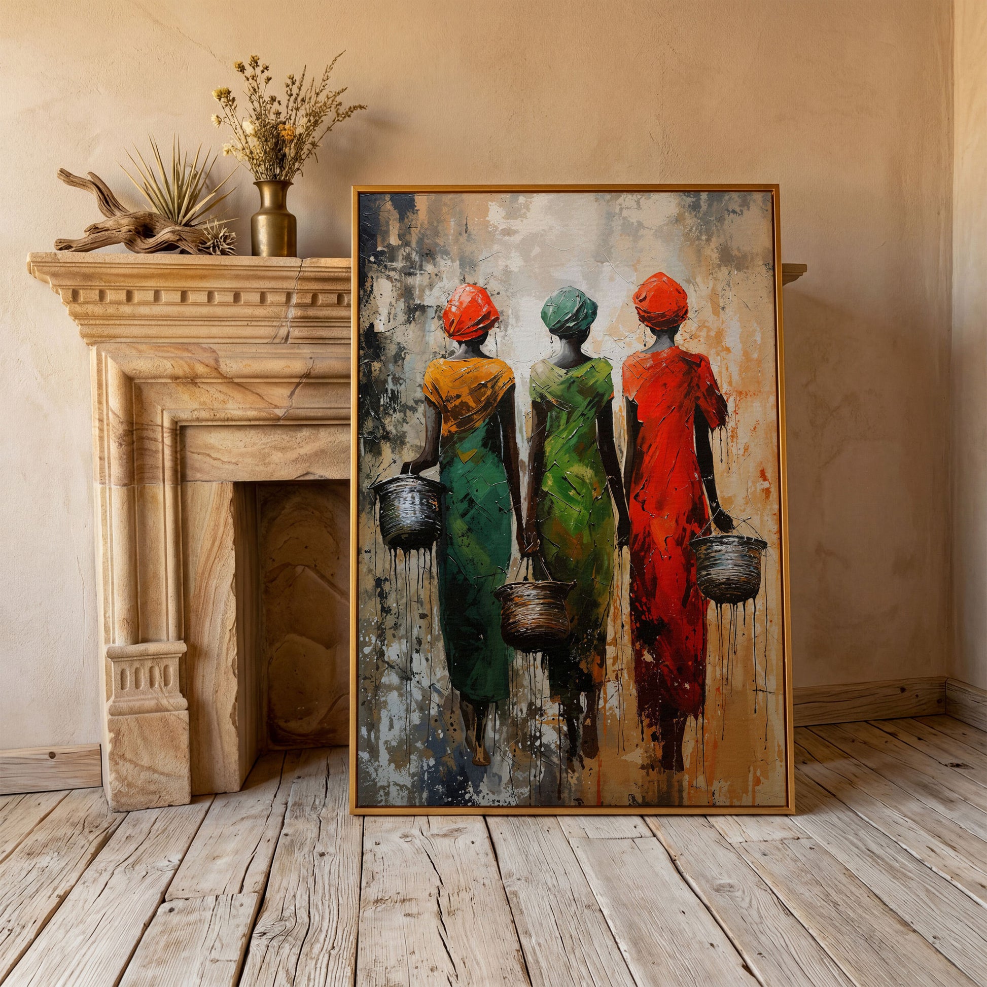 Masai Women Abstract Canvas Print in Emerald and Burnt Orange in antique gold floating frame