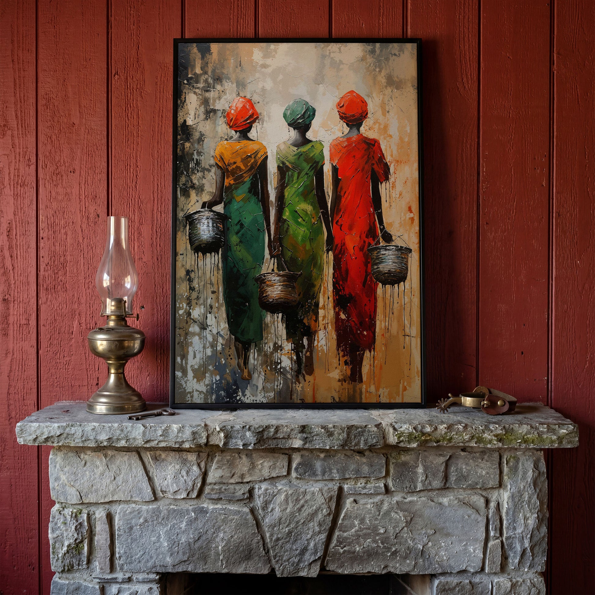 Masai Women Abstract Canvas Print in Emerald and Burnt Orange in black floating frame