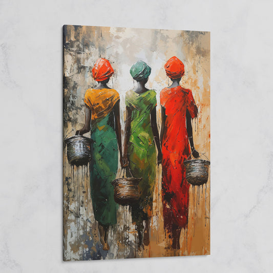 Masai Women Abstract Canvas Print in Emerald and Burnt Orange on gallery wrap