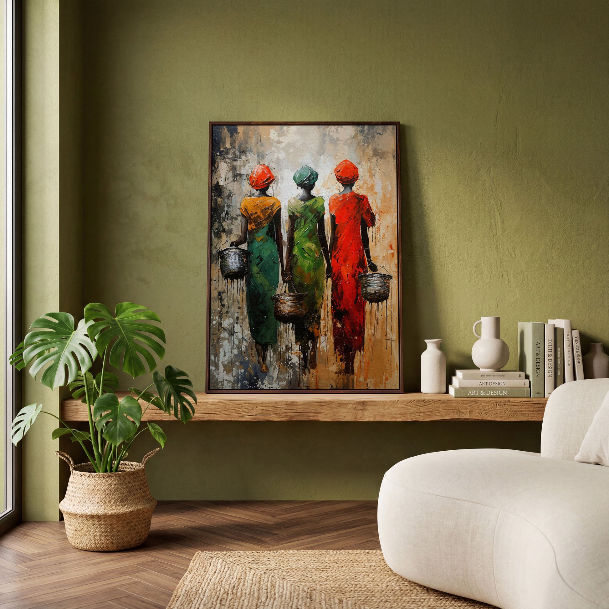 Masai Women Abstract Canvas Print in Emerald and Burnt Orange in dark walnut floating frame