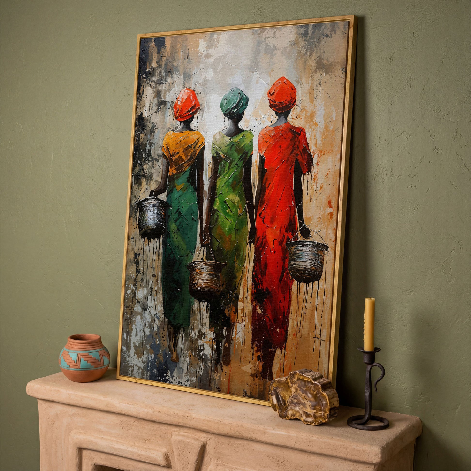 Masai Women Abstract Canvas Print in Emerald and Burnt Orange in white oak floating frame