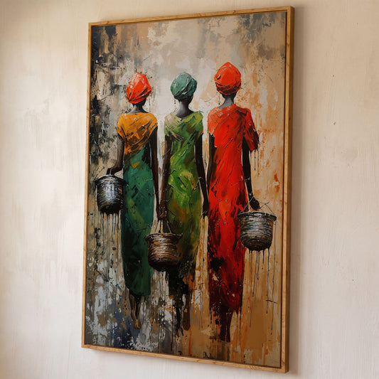 Masai Women Abstract Canvas Print in Emerald and Burnt Orange shown in white oak floating frame