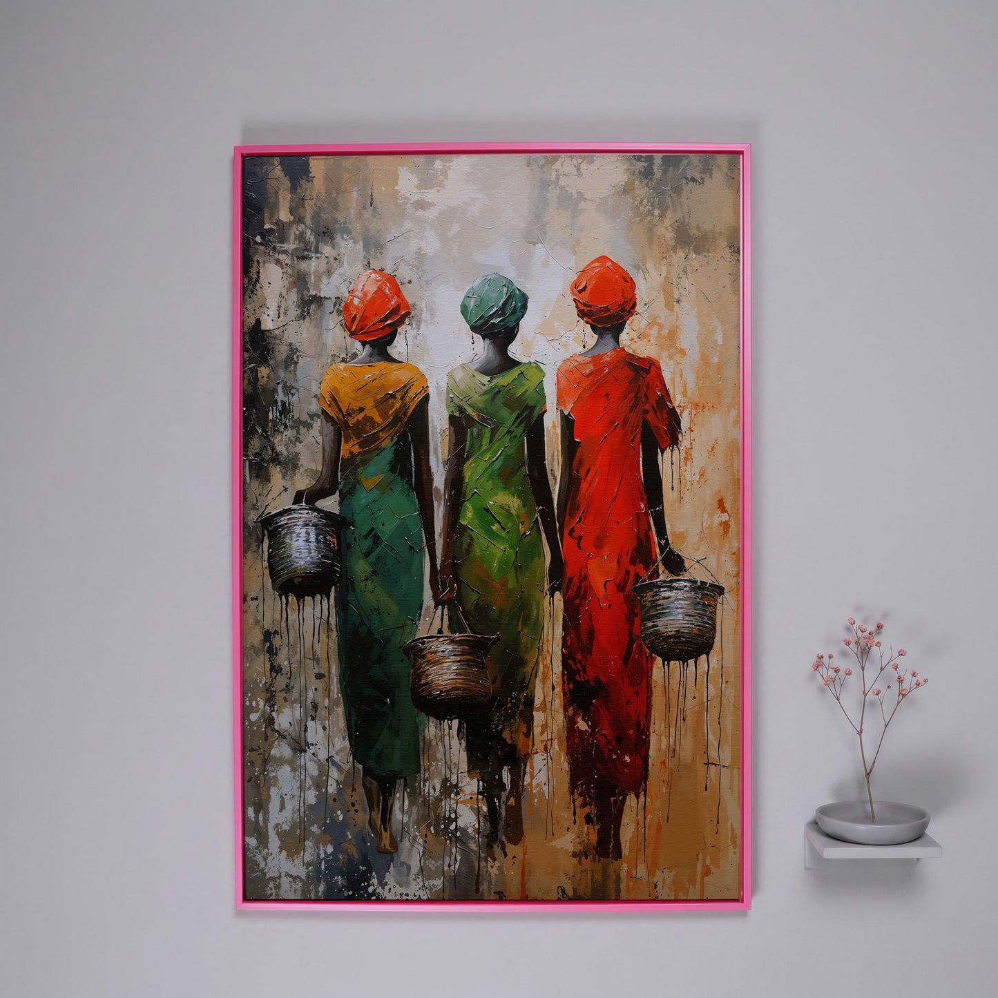 Masai Women Abstract Canvas Print in Emerald and Burnt Orange in pink floating frame