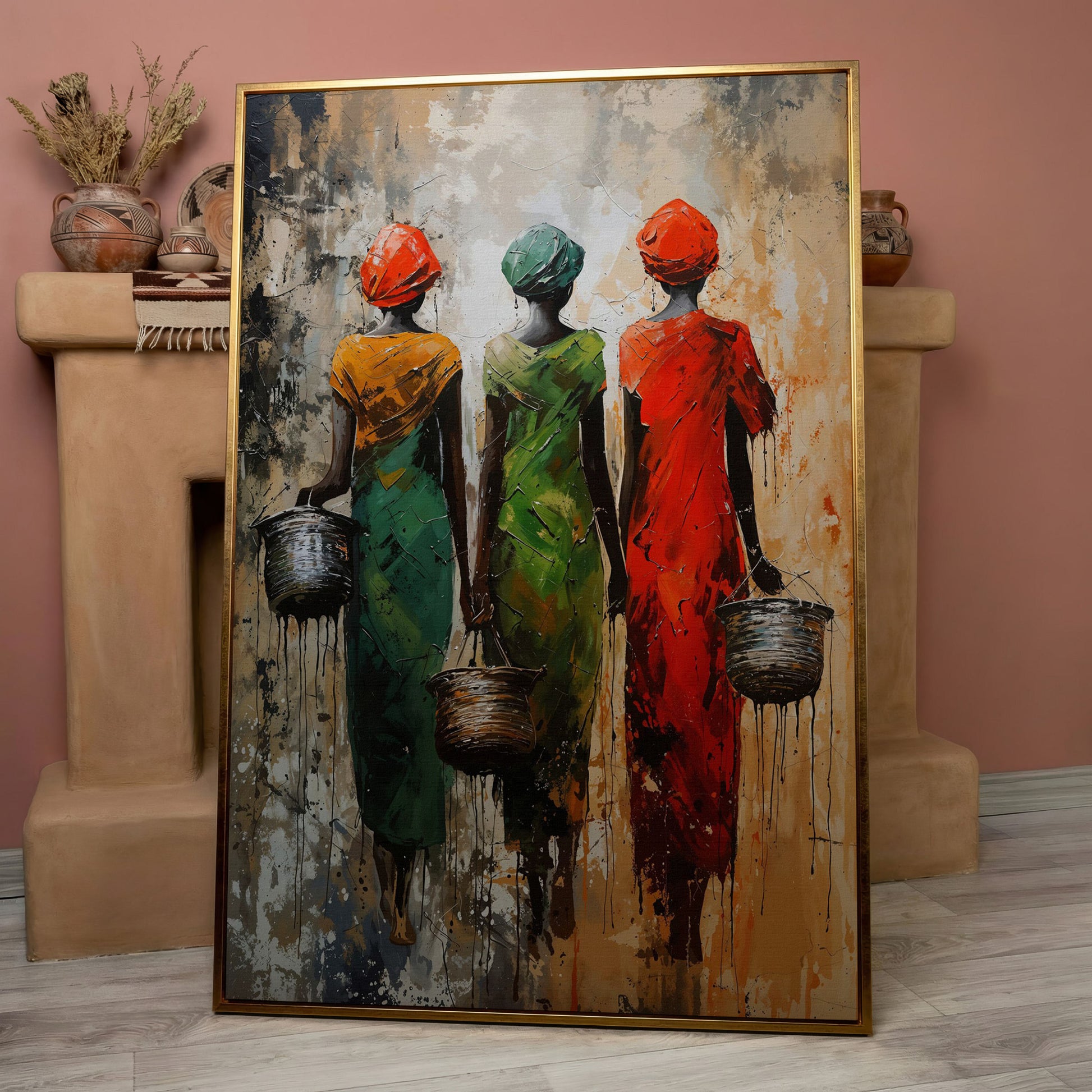 Masai Women Abstract Canvas Print in Emerald and Burnt Orange in rose gold floating frame