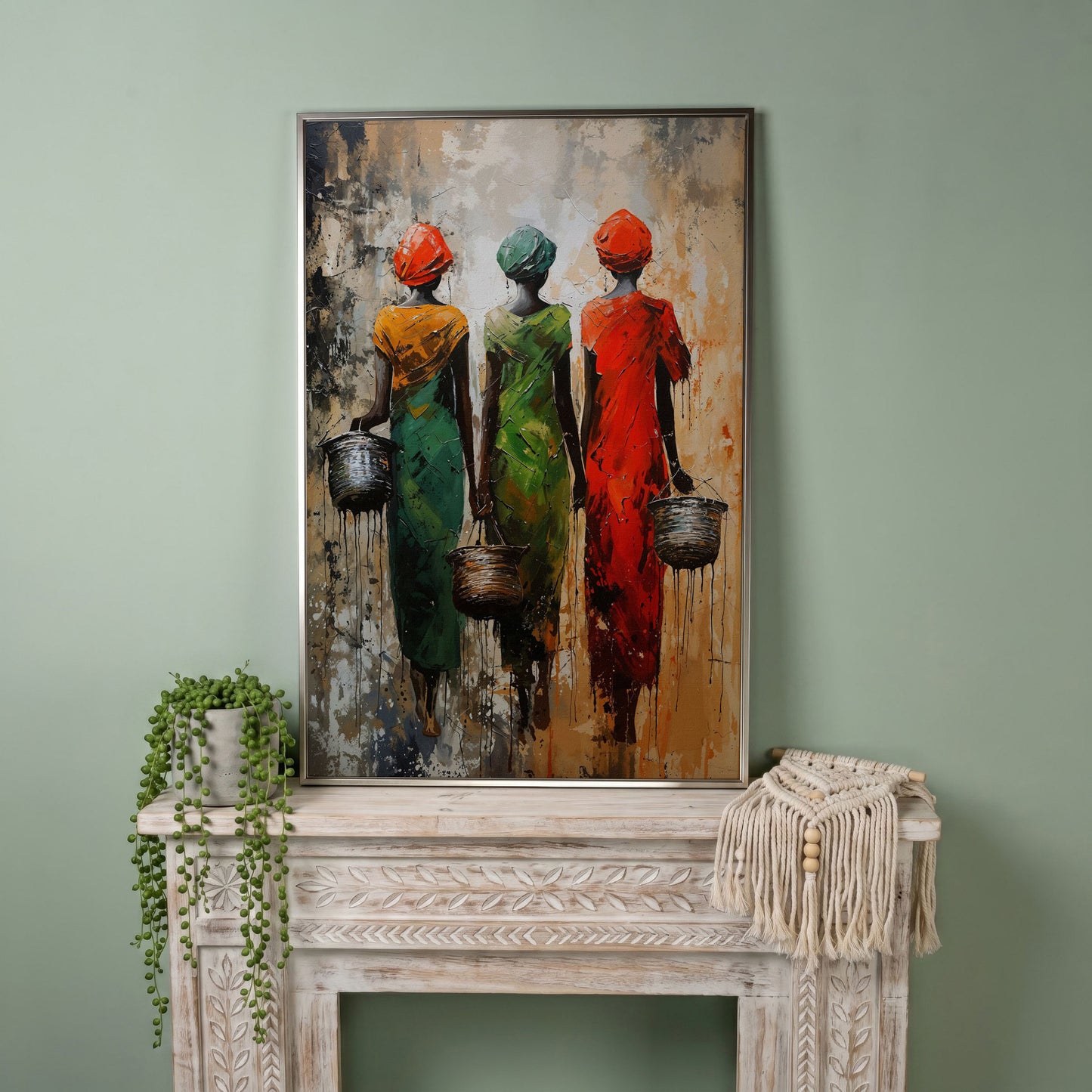 Masai Women Abstract Canvas Print in Emerald and Burnt Orange in silver floating frame