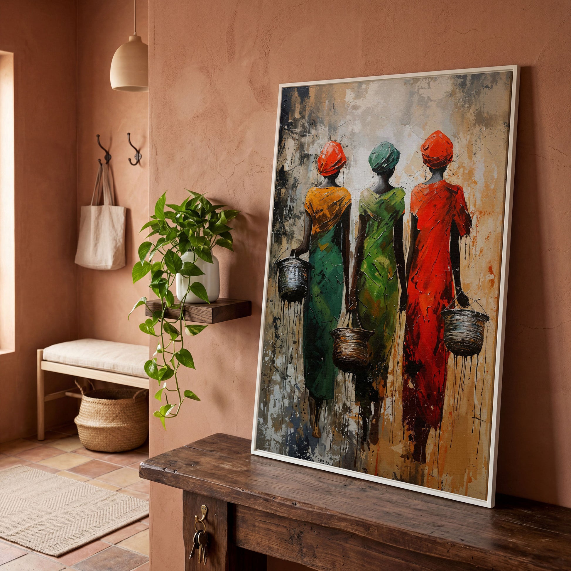 Masai Women Abstract Canvas Print in Emerald and Burnt Orange in white floating frame