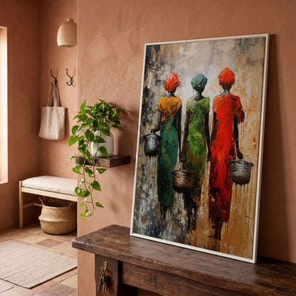 Masai Women Abstract Canvas Print in Emerald and Burnt Orange in white floating frame