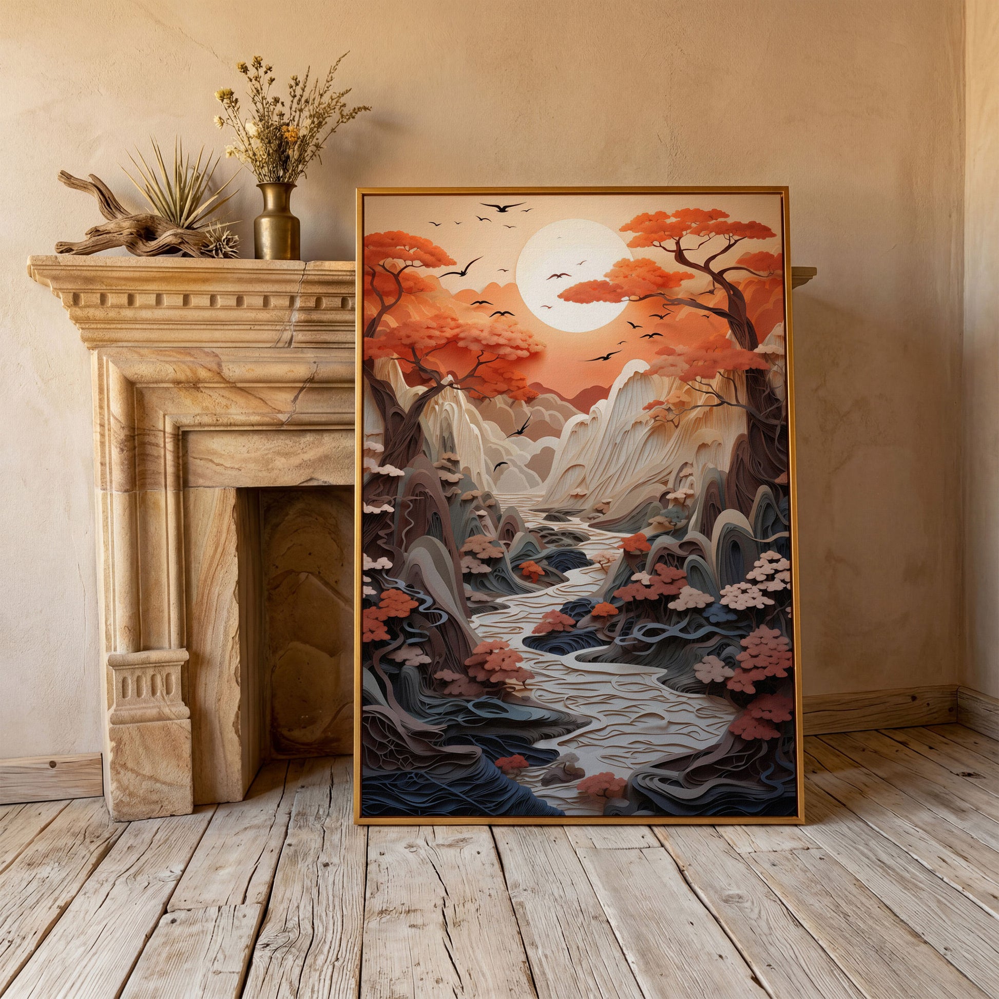 Autumn Sunset Serenity Japanese Canvas Print in antique gold floating frame