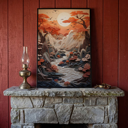 Autumn Sunset Serenity Japanese Canvas Print in black floating frame