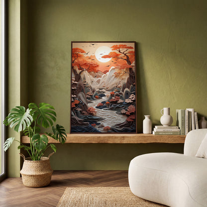 Autumn Sunset Serenity Japanese Canvas Print in dark walnut floating frame
