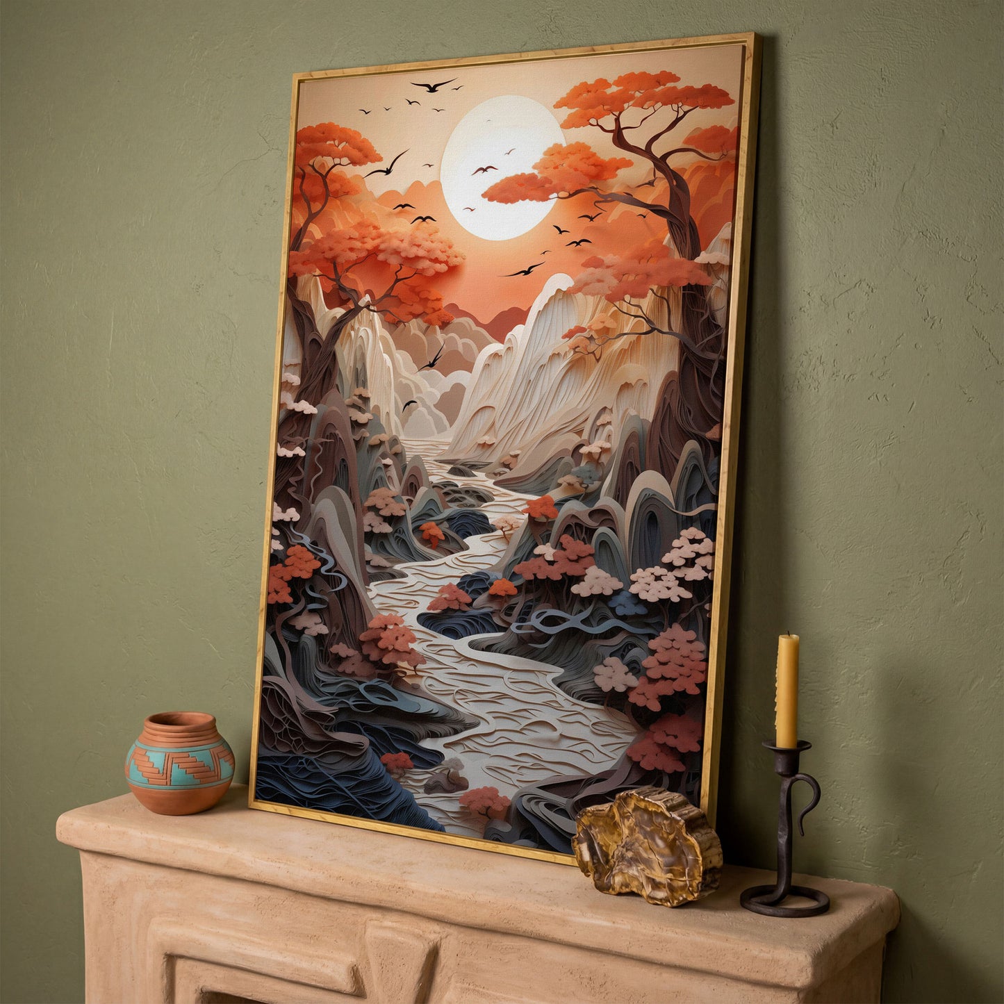 Autumn Sunset Serenity Japanese Canvas Print in white oak floating frame