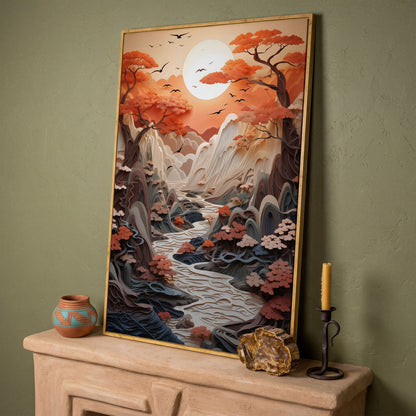 Autumn Sunset Serenity Japanese Canvas Print in white oak floating frame