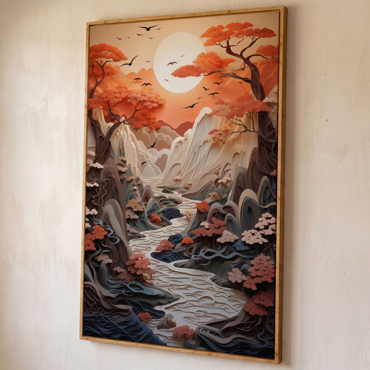 Autumn Sunset Serenity Japanese Canvas Print shown in white oak floating frame