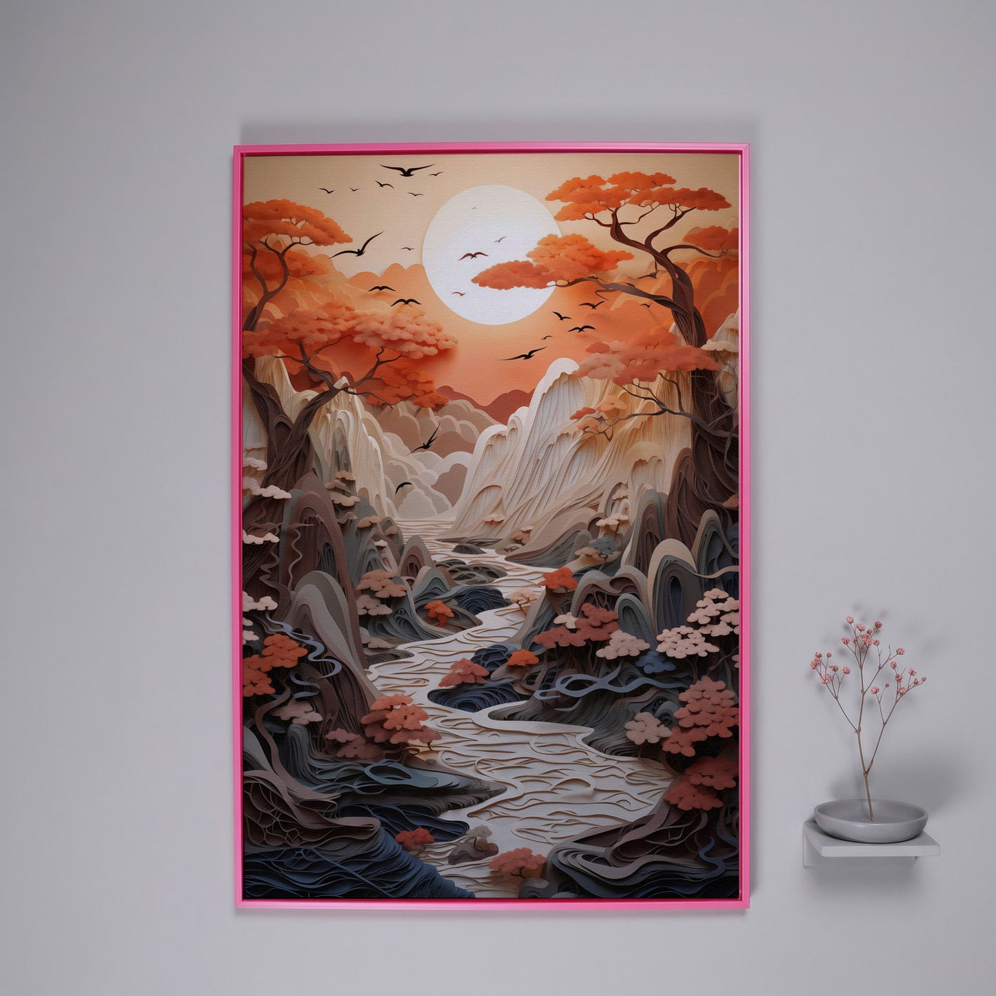 Autumn Sunset Serenity Japanese Canvas Print in pink floating frame