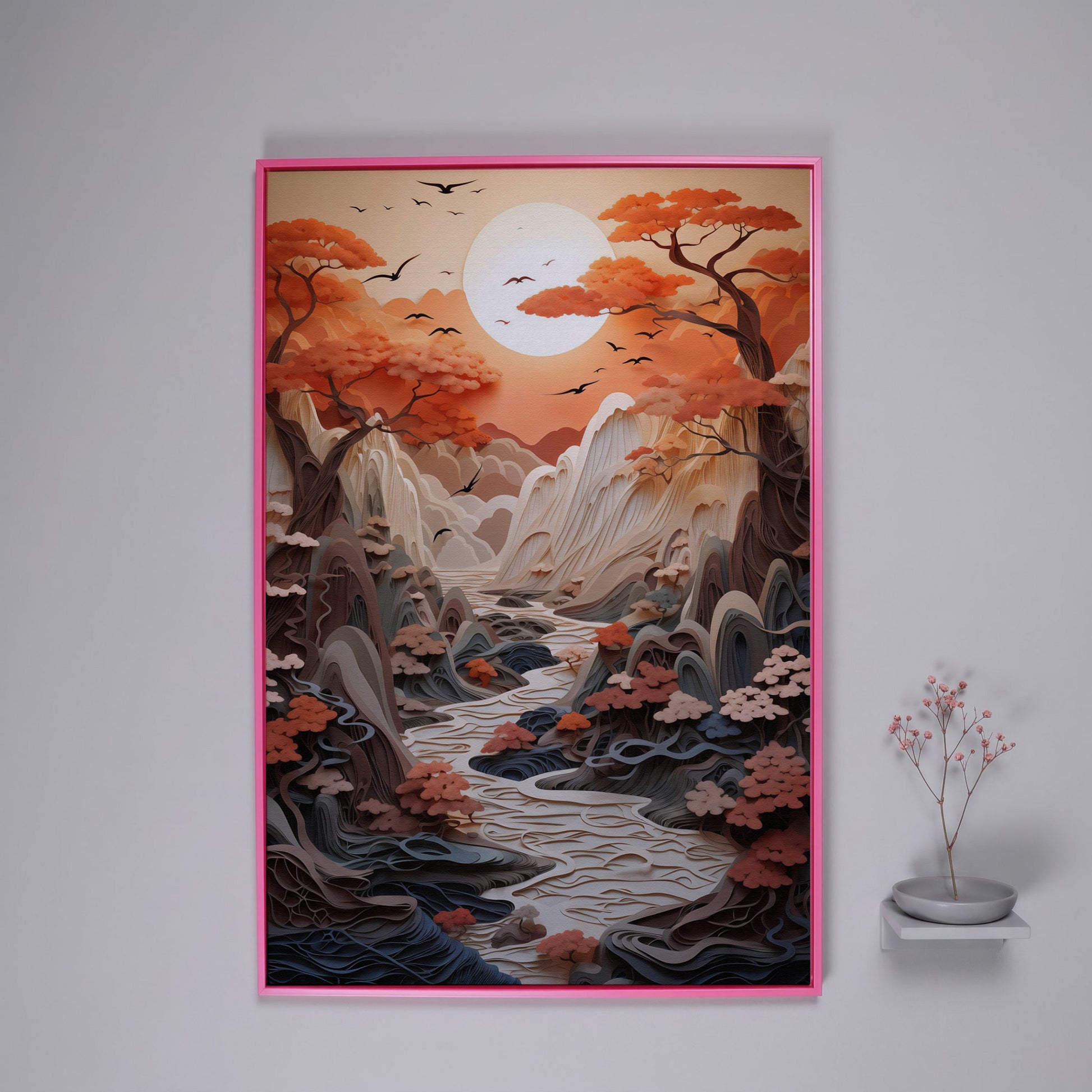 Autumn Sunset Serenity Japanese Canvas Print in pink floating frame