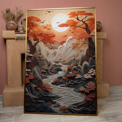 Autumn Sunset Serenity Japanese Canvas Print in rose gold floating frame