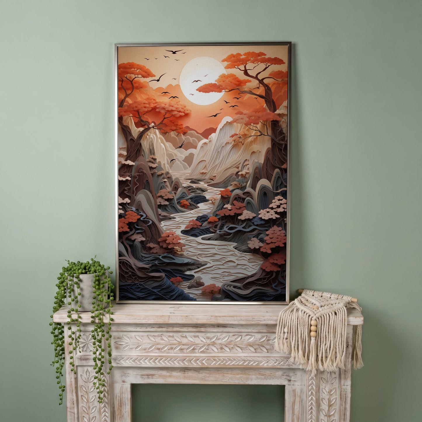 Autumn Sunset Serenity Japanese Canvas Print in silver floating frame