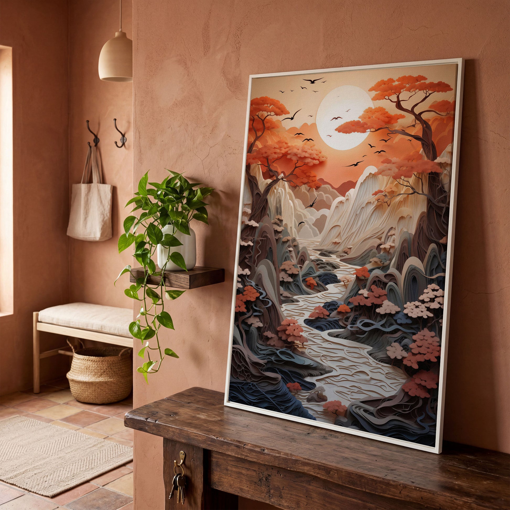 Autumn Sunset Serenity Japanese Canvas Print in white floating frame