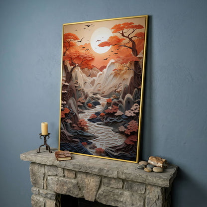 Autumn Sunset Serenity Japanese Canvas Print in yellow gold floating frame