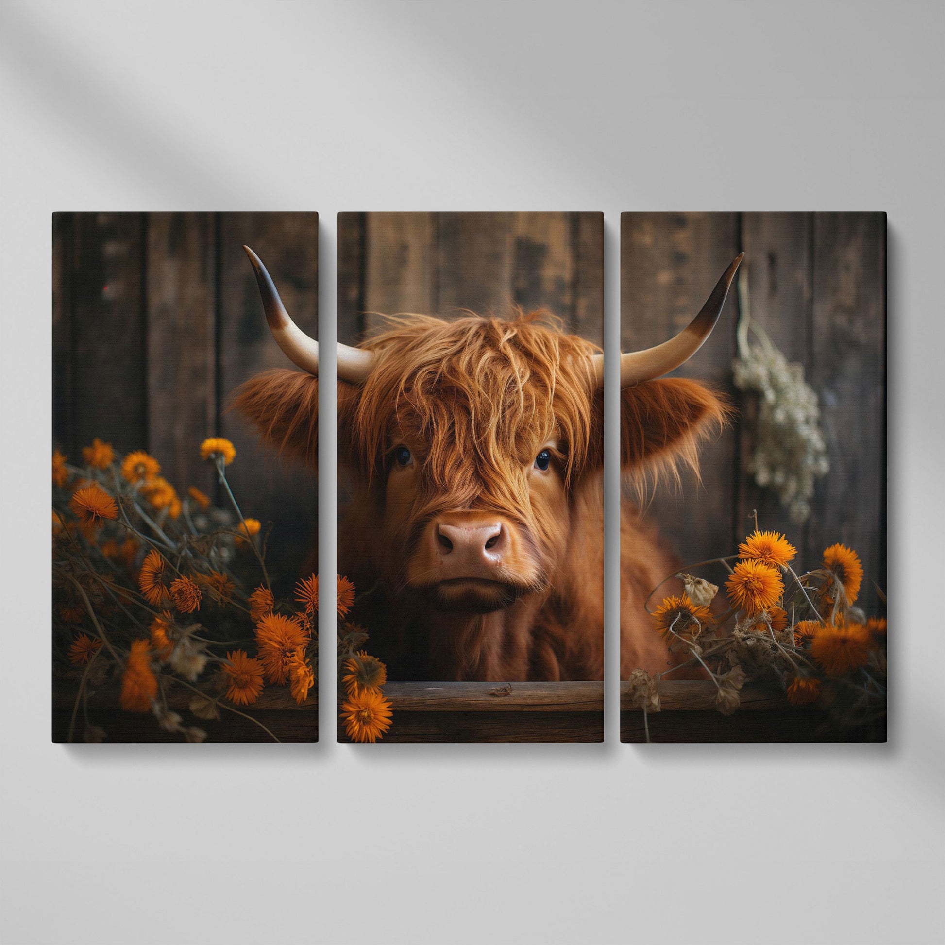 Highland Calf with Flowers Canvas Print as 3-panel split version