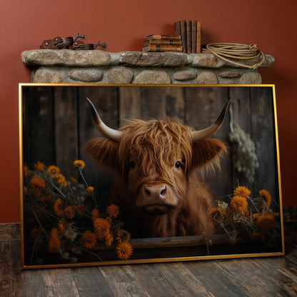 Highland Calf with Flowers Canvas Print in antique gold floating frame