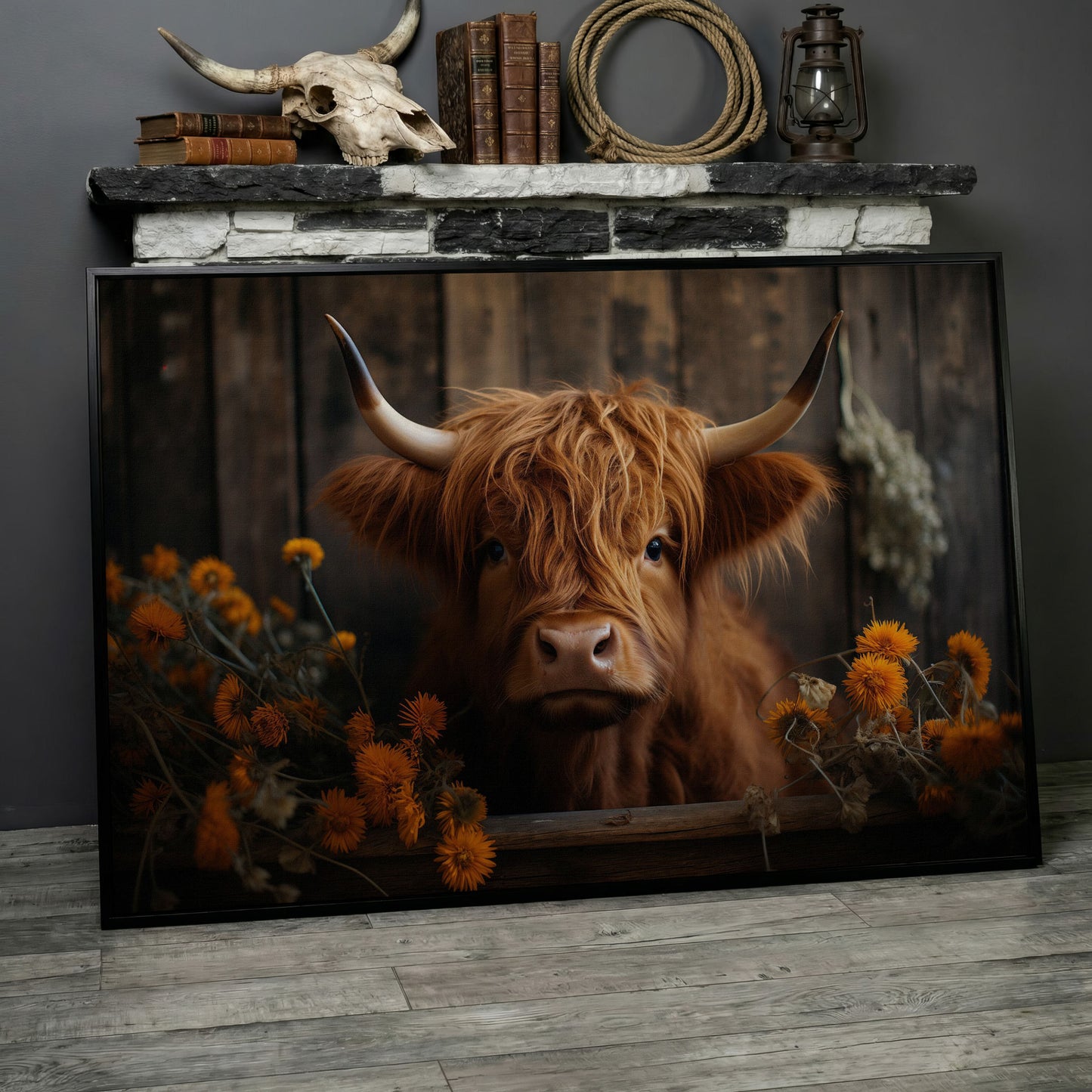 Highland Calf with Flowers Canvas Print in black floating frame