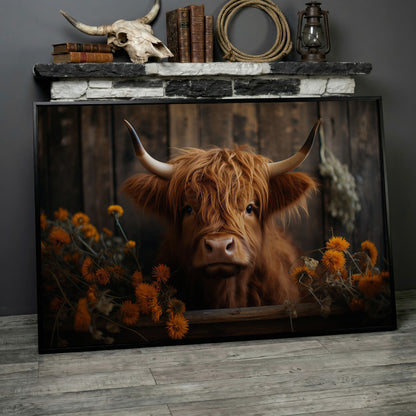 Highland Calf with Flowers Canvas Print in black floating frame