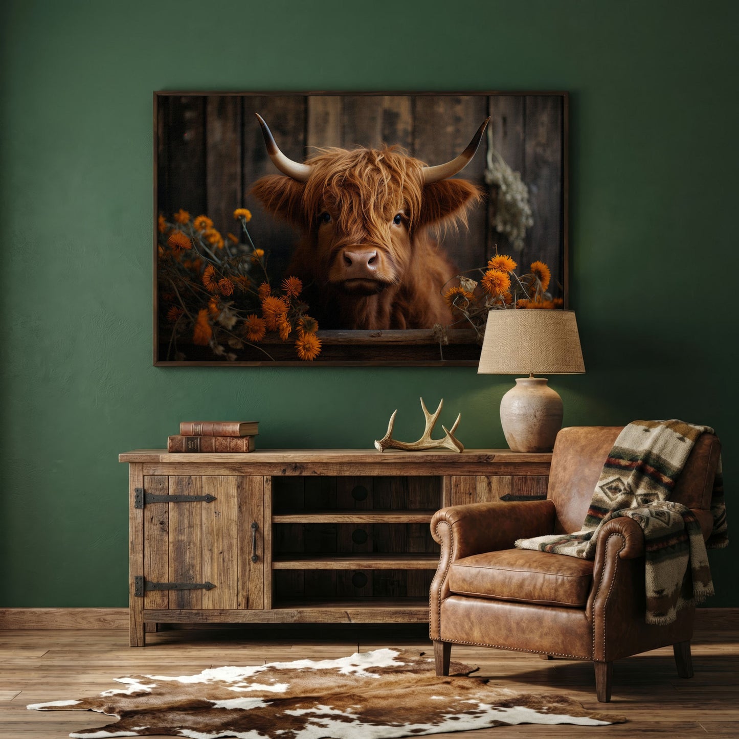 Highland Calf with Flowers Canvas Print in dark walnut floating frame