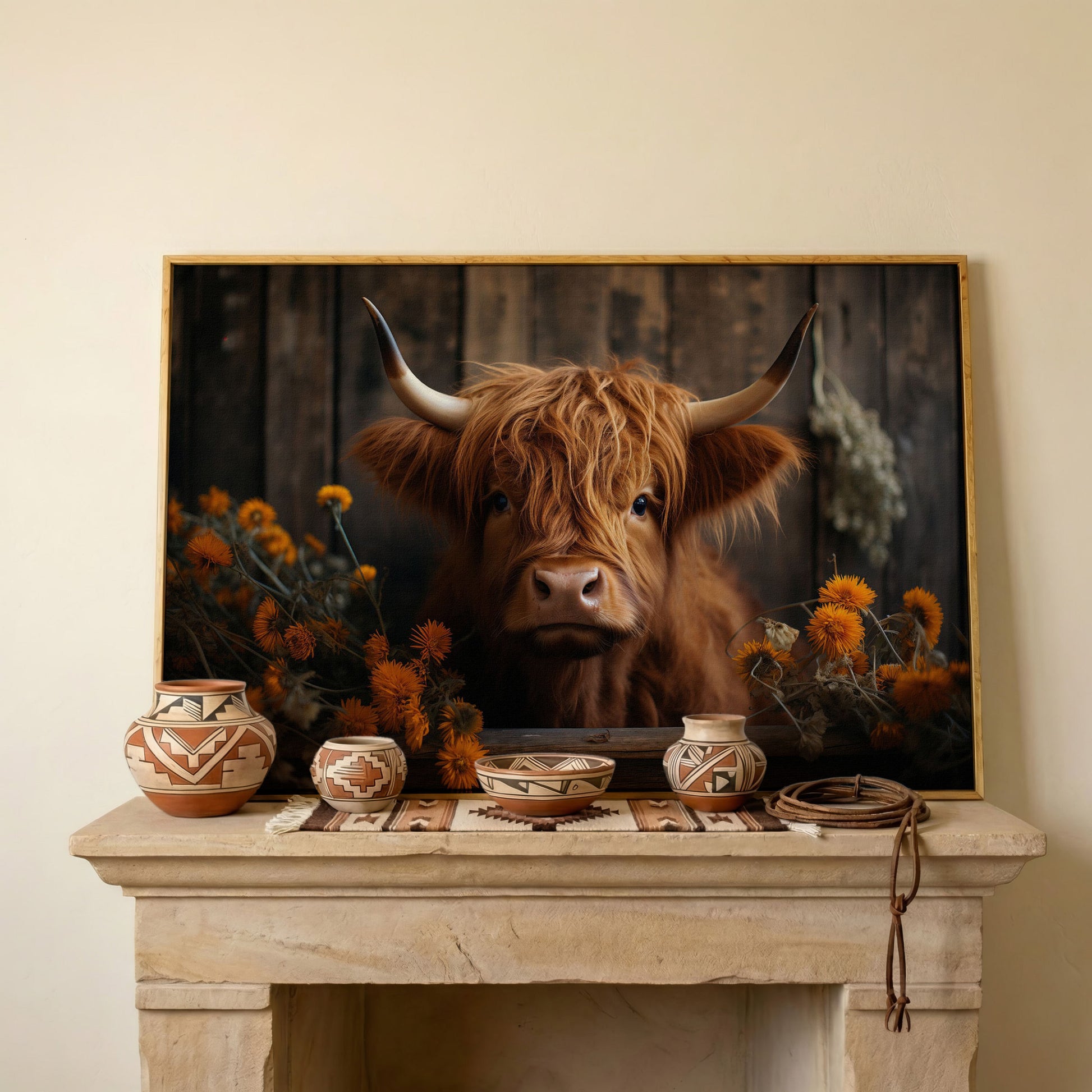 Highland Calf with Flowers Canvas Print in white oak floating frame