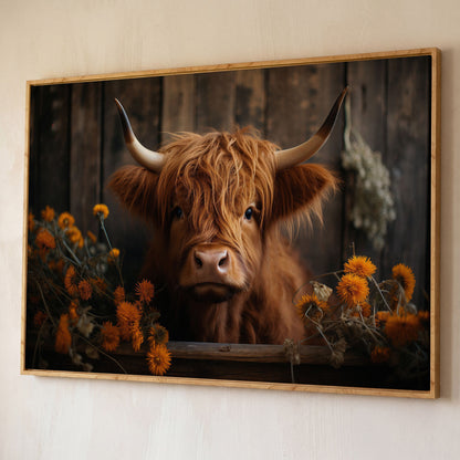 Highland Calf with Flowers Canvas Print shown in white oak floating frame