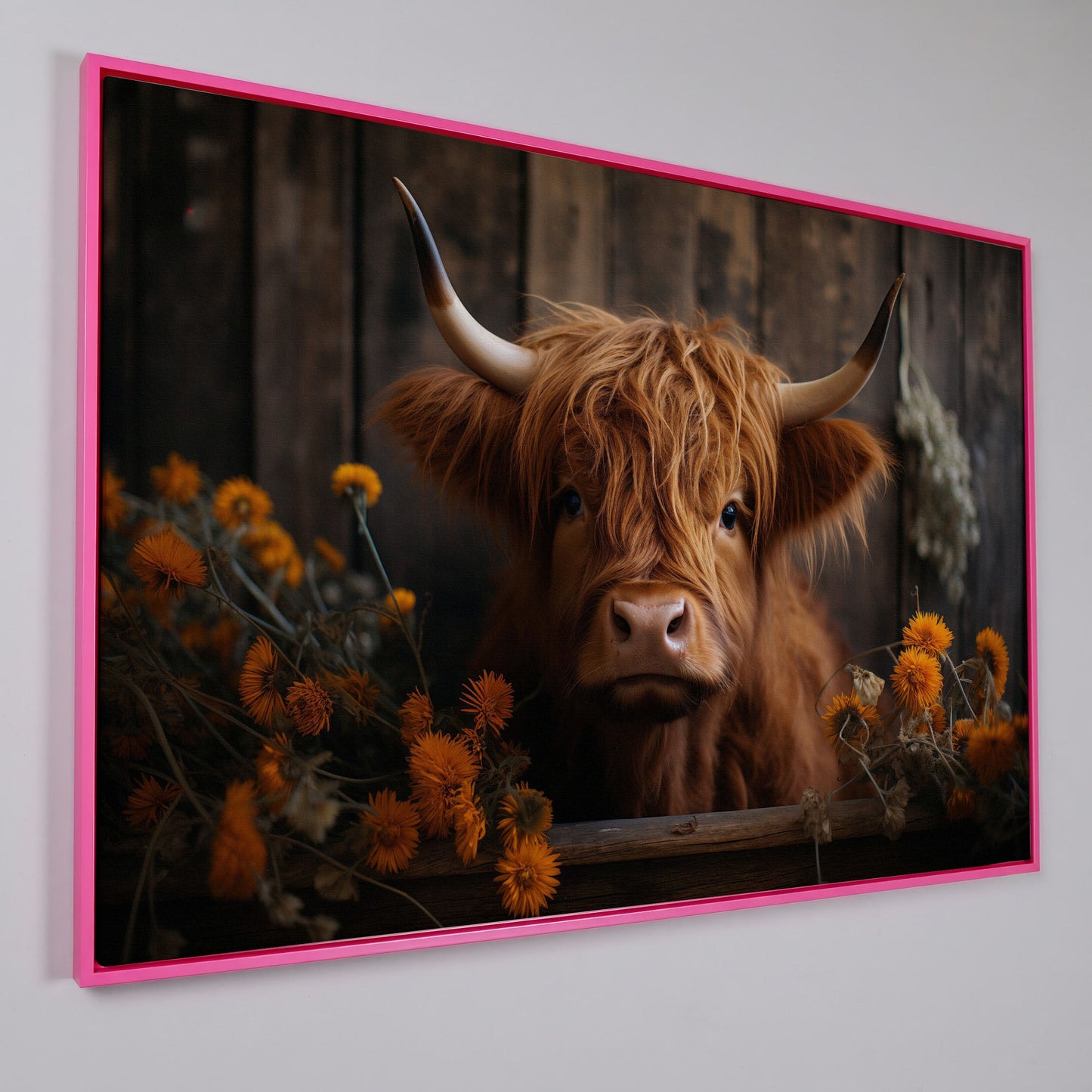 Highland Calf with Flowers Canvas Print in pink floating frame