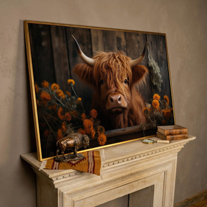 Highland Calf with Flowers Canvas Print in rose gold floating frame