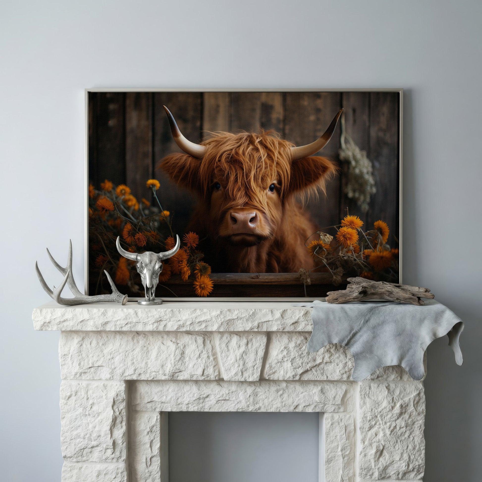 Highland Calf with Flowers Canvas Print in silver floating frame