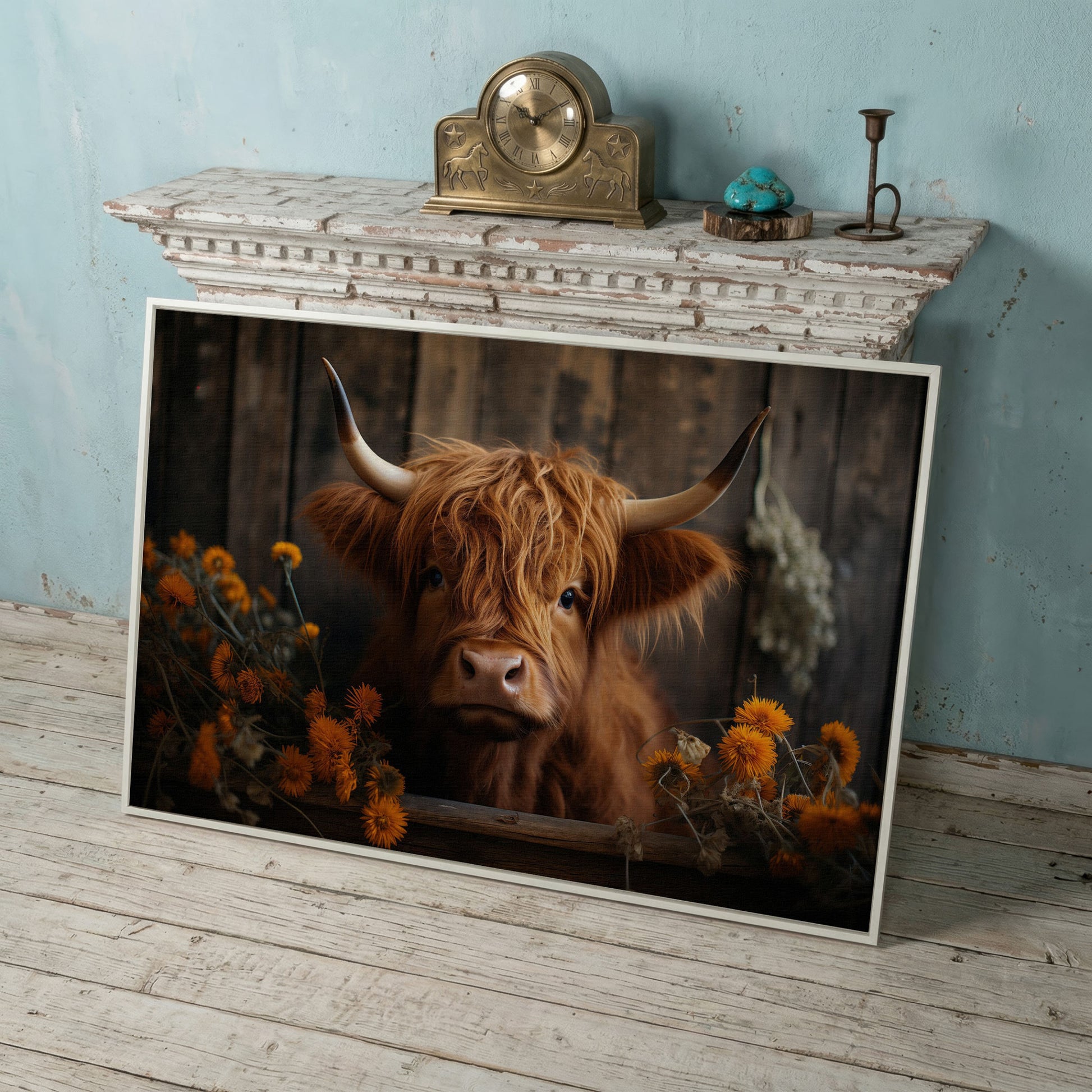 Highland Calf with Flowers Canvas Print in white floating frame