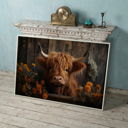 Highland Calf with Flowers Canvas Print in white floating frame