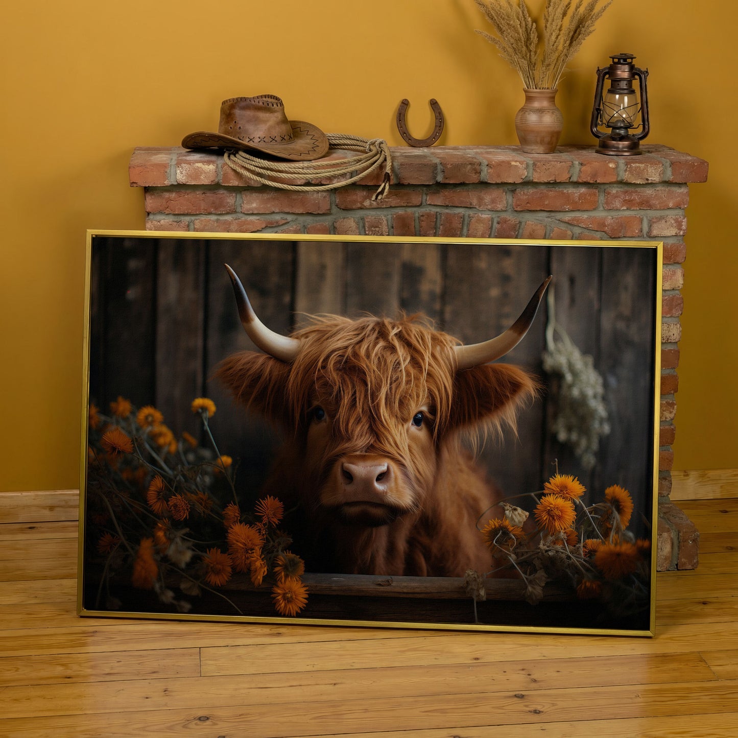 Highland Calf with Flowers Canvas Print in yellow gold floating frame