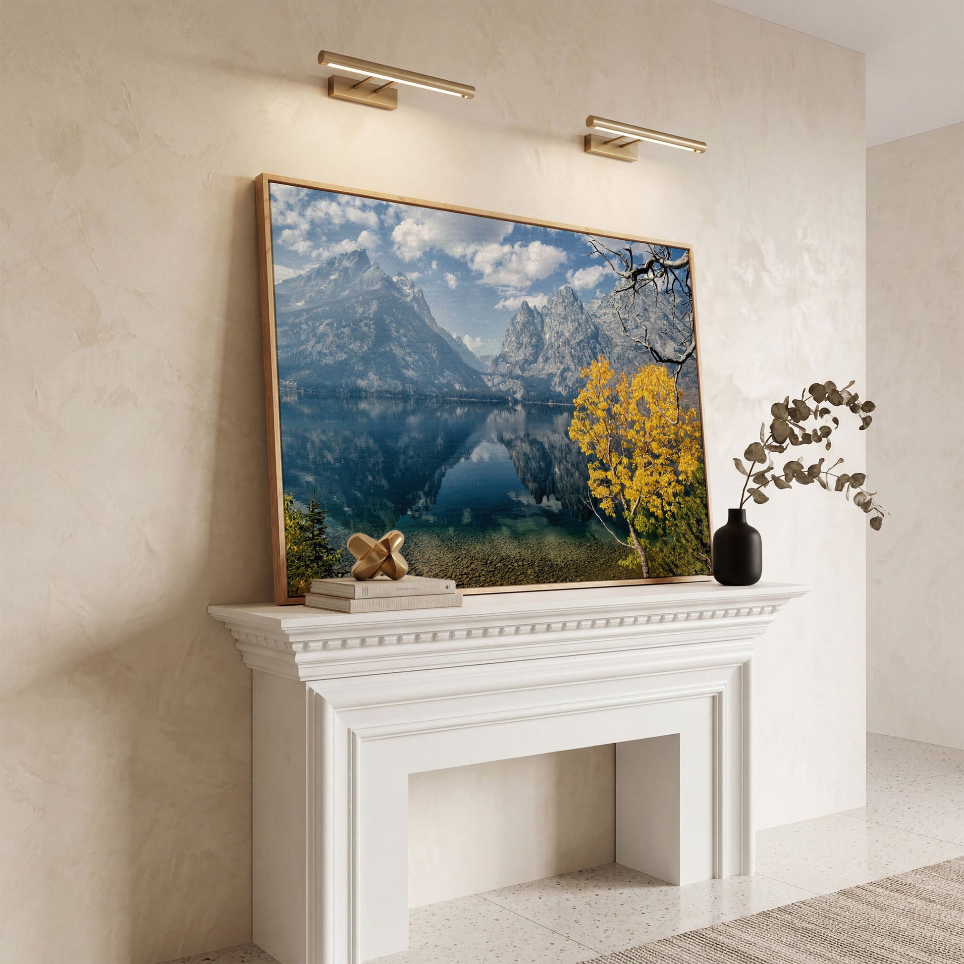 Grand Teton Fall Colors Canvas in white oak floating frame