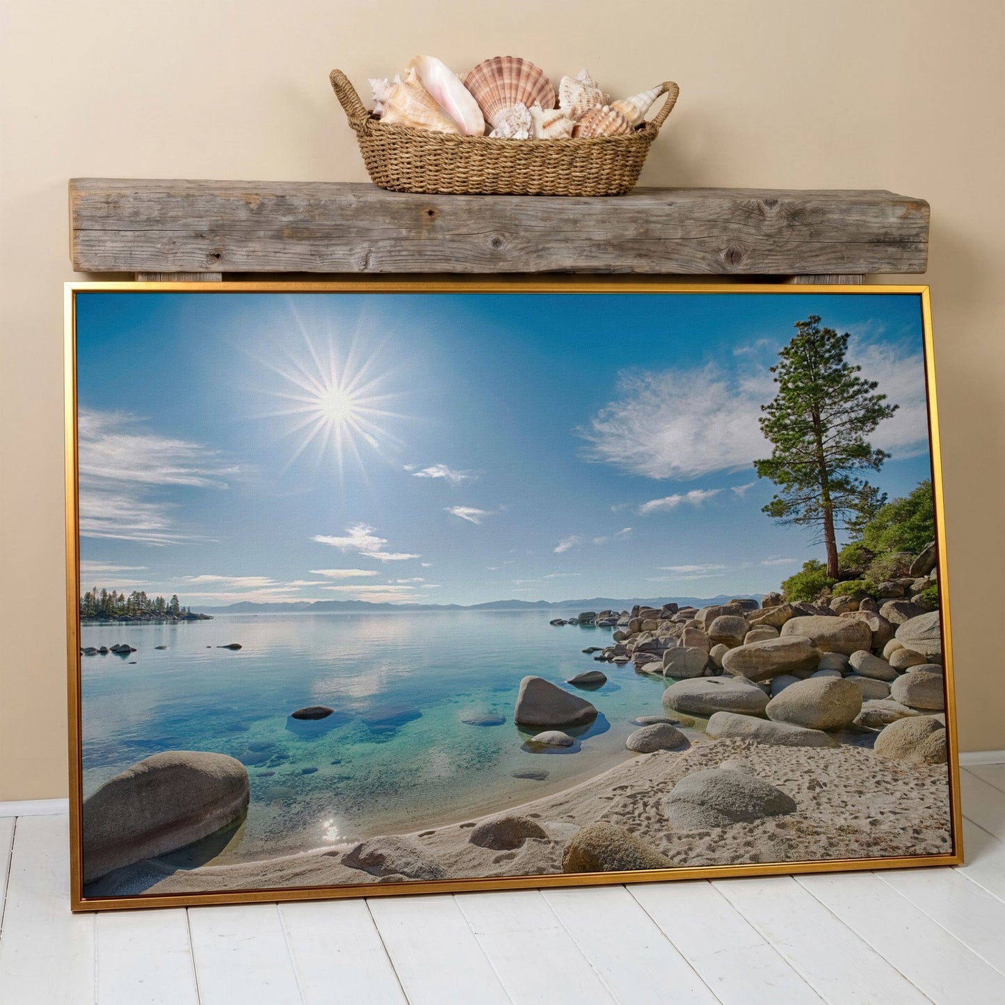 Lake Tahoe East Shore Beach Canvas Print in antique gold floating frame