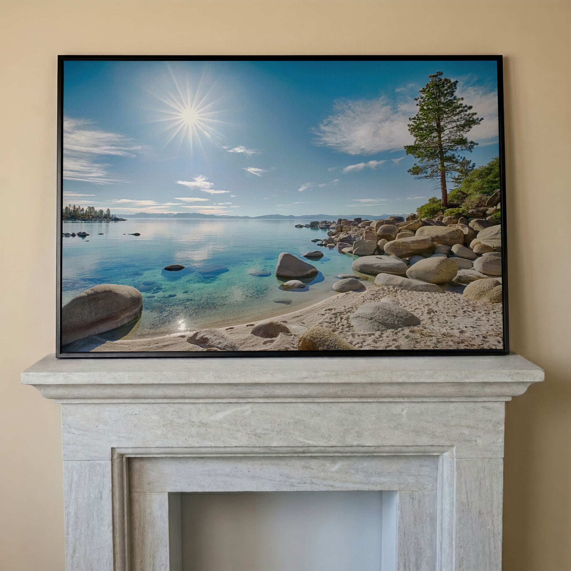 Lake Tahoe East Shore Beach Canvas Print in black floating frame