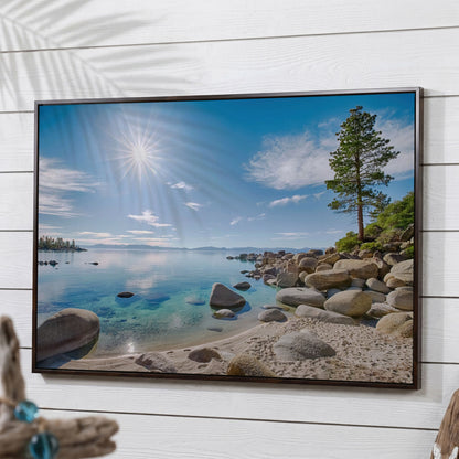 Lake Tahoe East Shore Beach Canvas Print in dark walnut floating frame