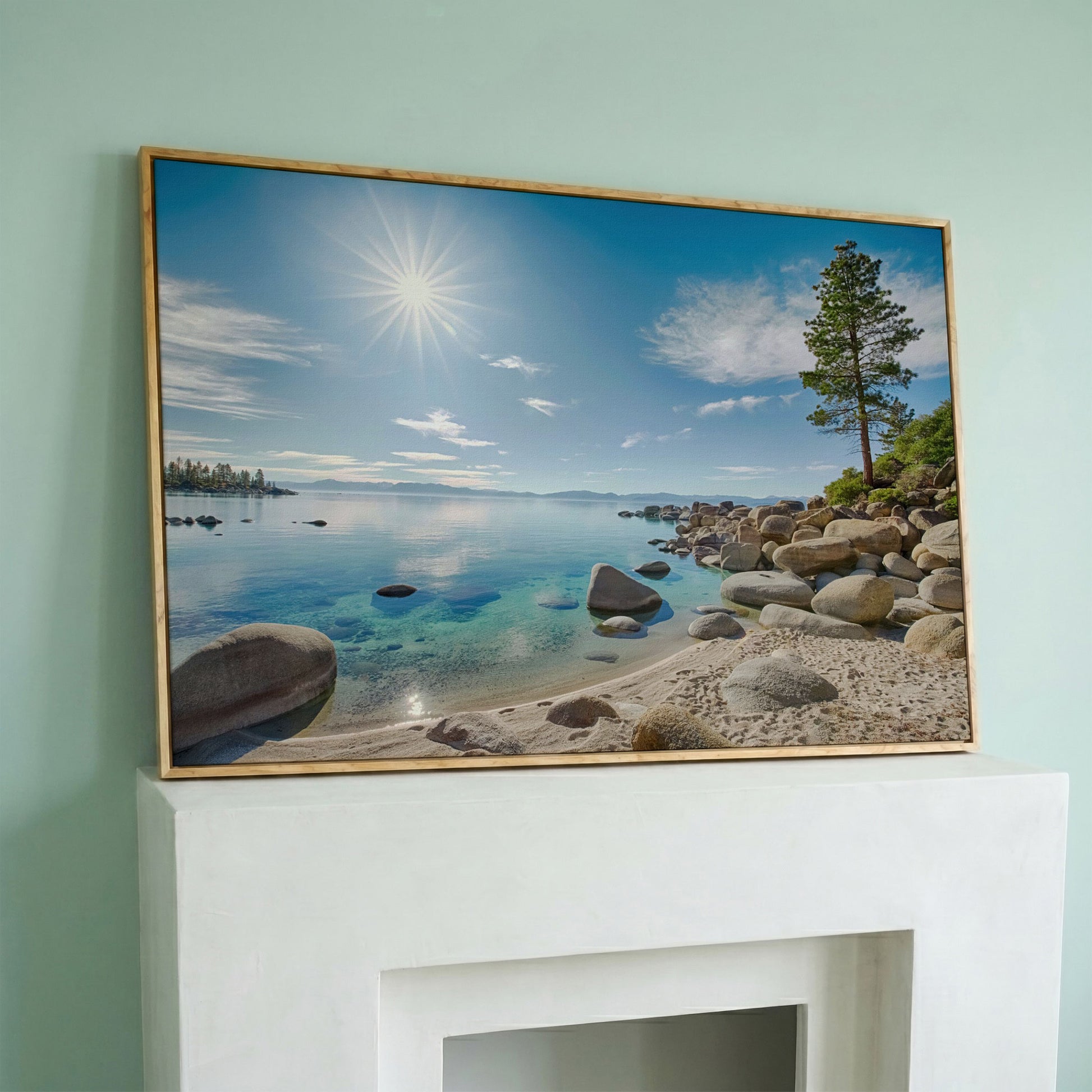 Lake Tahoe East Shore Beach Canvas Print in white oak floating frame