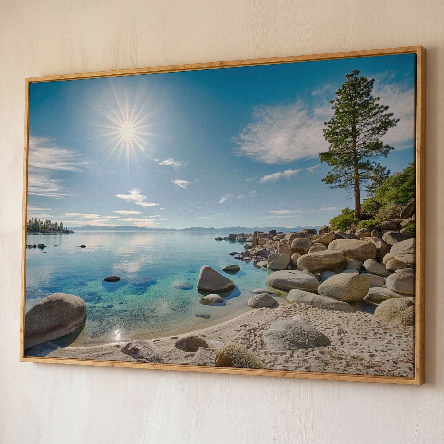 Lake Tahoe East Shore Beach Canvas Print shown in white oak floating frame